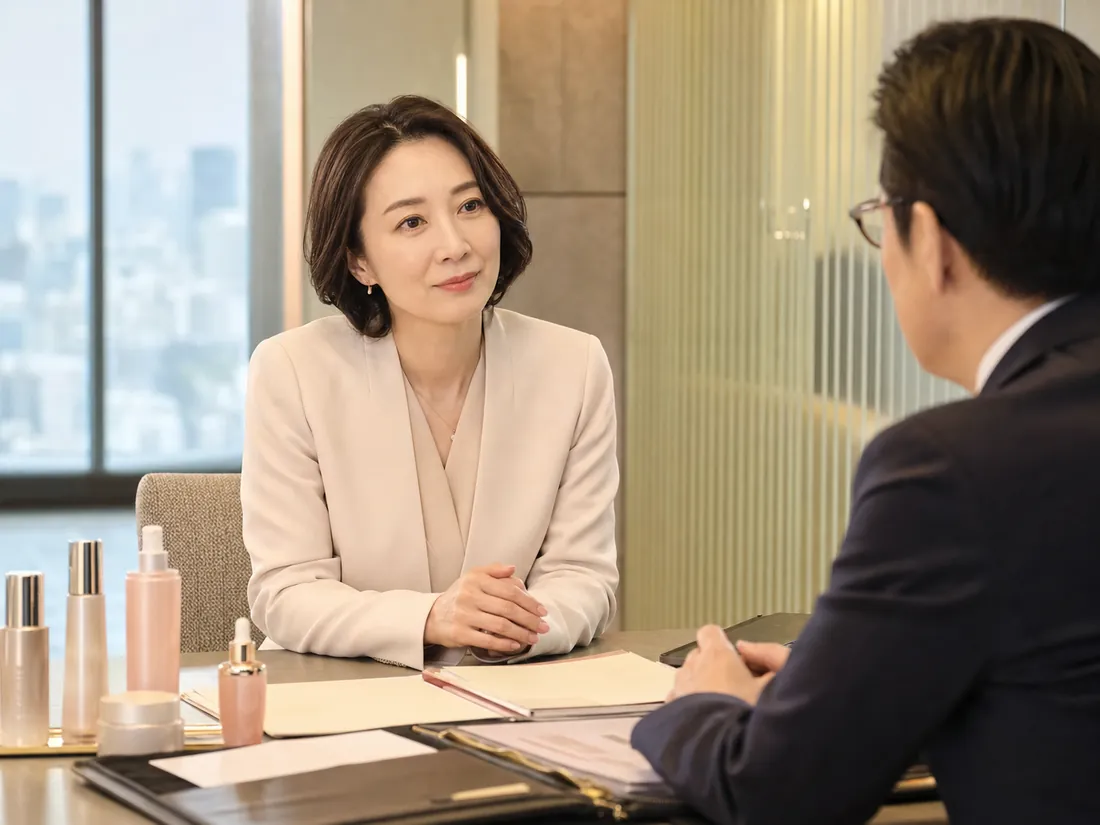 化粧品会社の経営者がM&A相談をしている様子