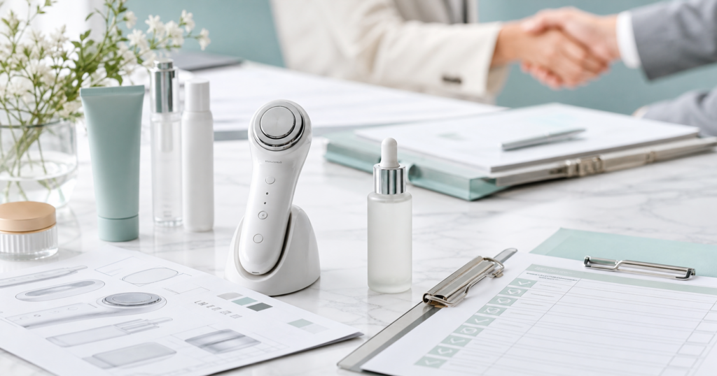 美容機器・ホームケアデバイス事業のM&Aを表現した美顔器と商品資料のアイキャッチ画像