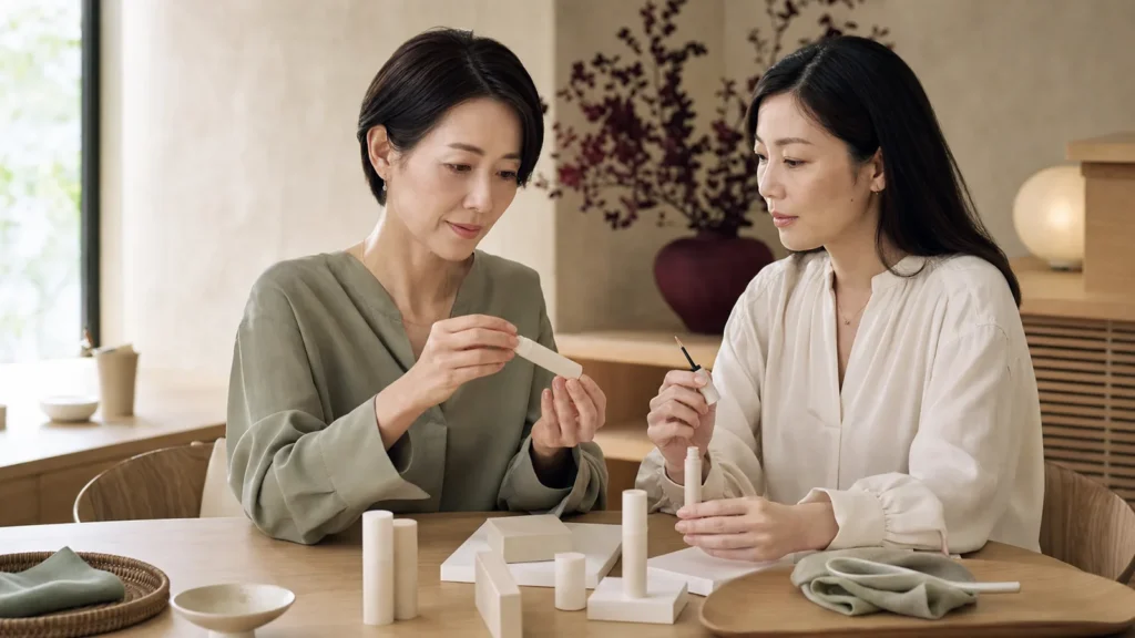 まつ毛美容液ブランドの商品と表示資料を確認する経営者と専門担当者