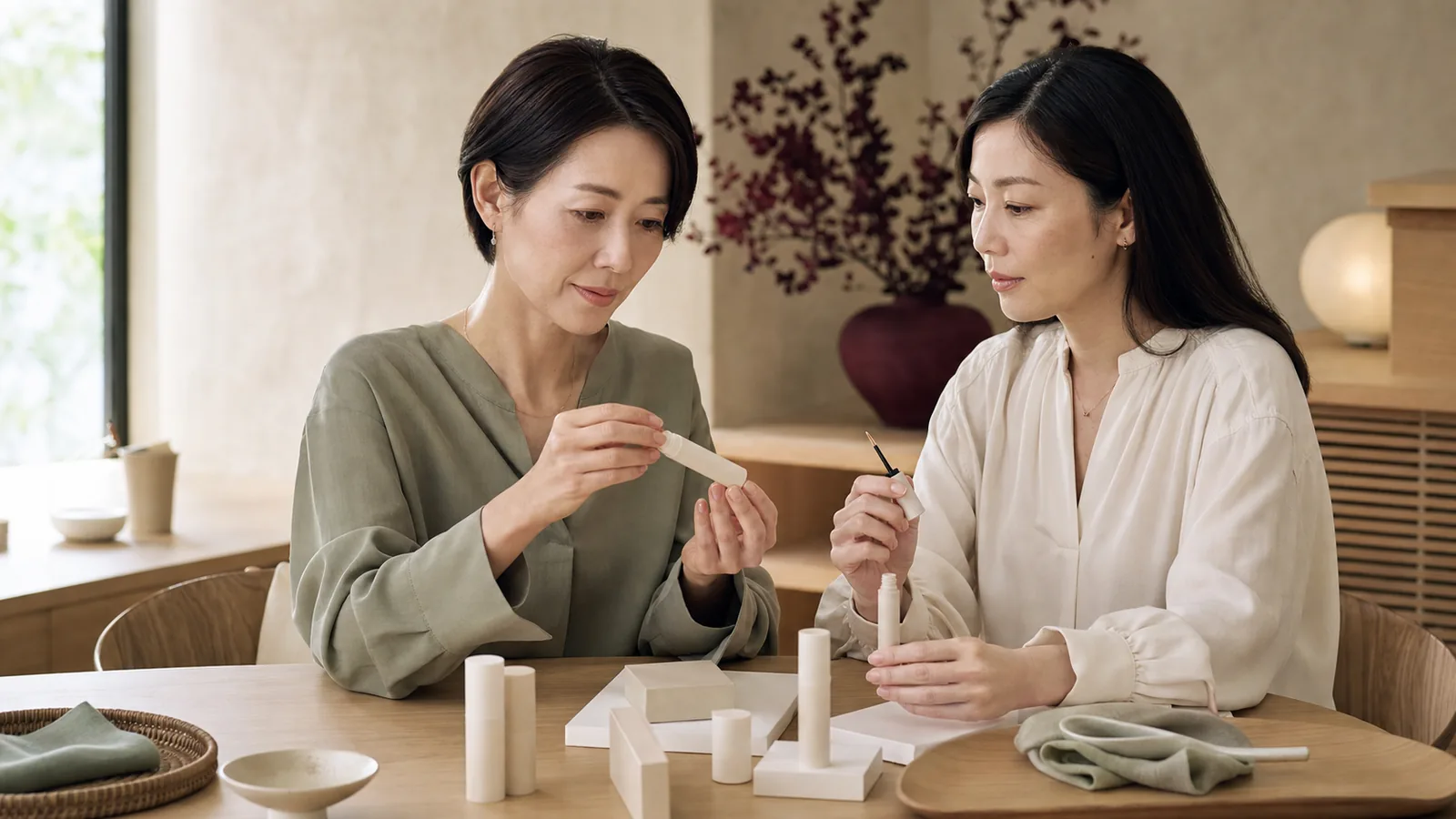 まつ毛美容液ブランドの商品と表示資料を確認する経営者と専門担当者
