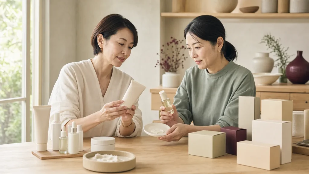 ハンドケア商品の試作品を確認するブランド経営者と商品開発担当者