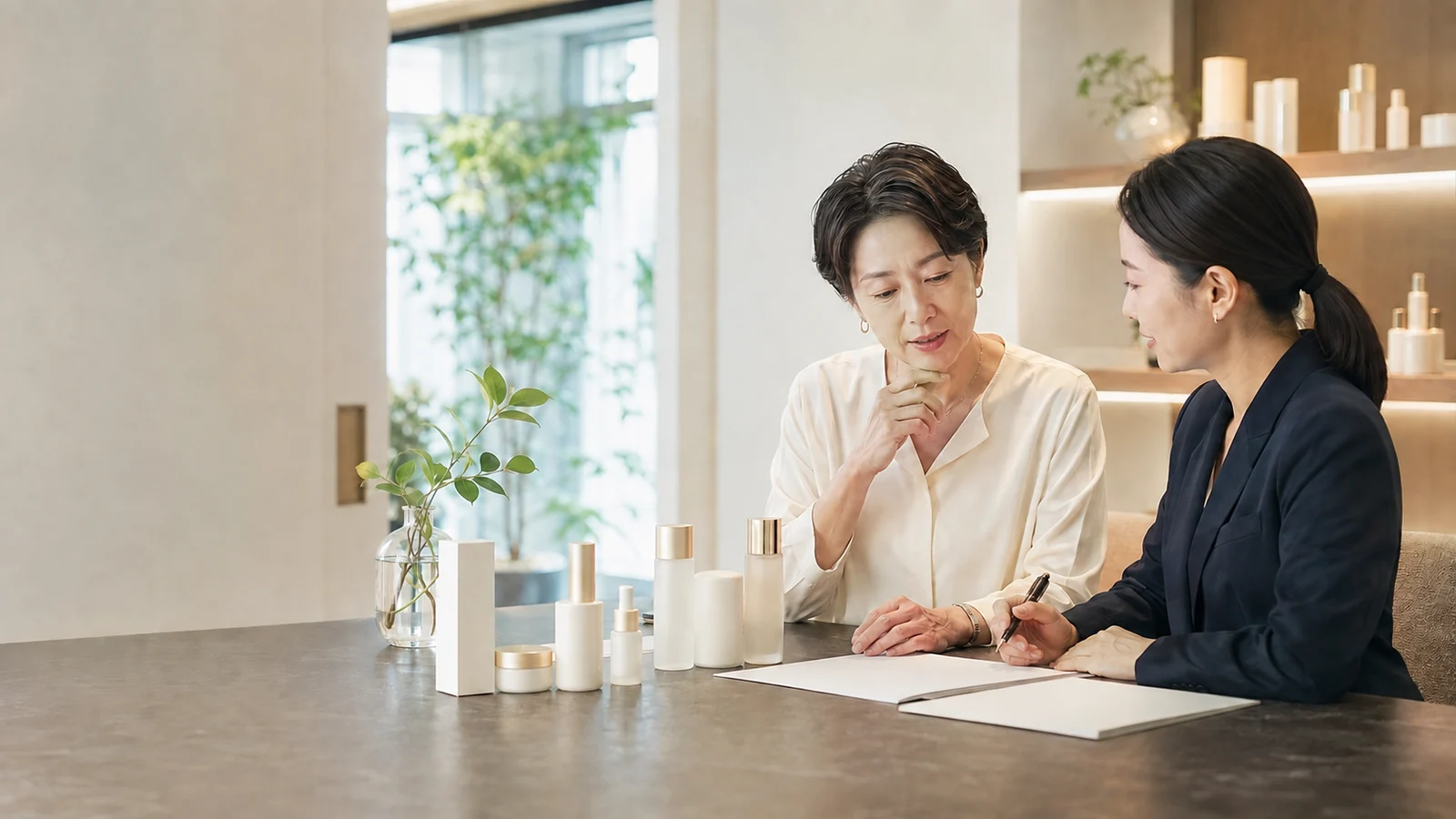 化粧品ブランドの創業者とM&Aアドバイザーが承継方針を整理する様子（イメージ）
